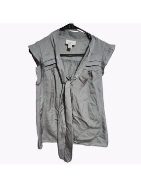 Ann Taylor LOFT Tie Neck Blouse Womens Size Small Gray Cap Sleeve Career Summer
